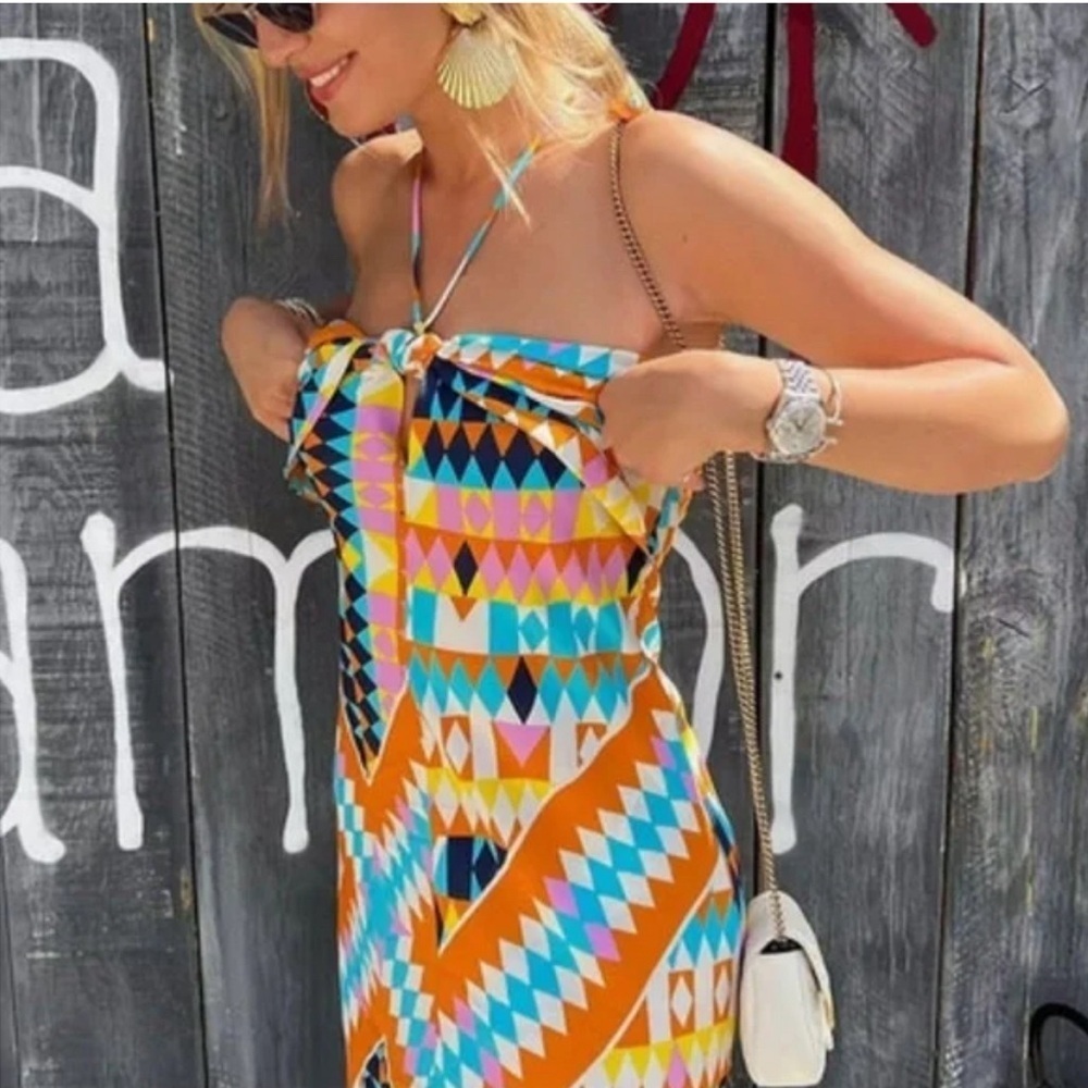 Zara NWT Bright Geometric Summer Beach Halter Midi Dress > Size XS
